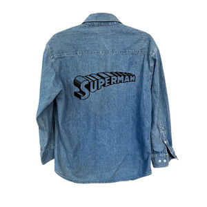 Superman Vintage 1995 Warner Bros Embroidered Button Down Denim Shirt Size XS